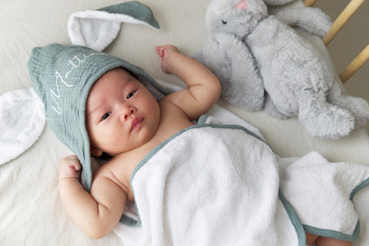 Personalised Organic Bunny Ear Hooded Towel in Sage
