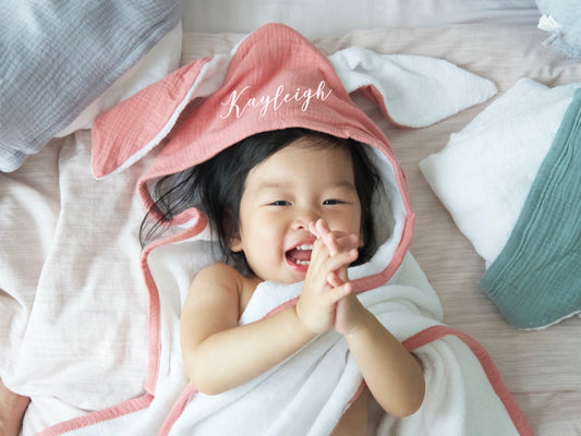 Personalised Organic Bunny Ear Hooded Towel in Rose