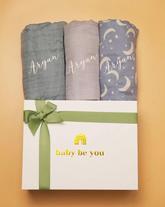 Bundle of Joy Bamboo Swaddle Baby Gift Set of Three - Moon River