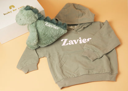 Personalised Kids Hoodie Snuggle Buddy Gift Set in Sage