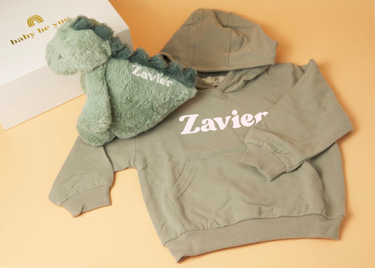 Personalised Kids Hoodie Snuggle Buddy Gift Set in Sage