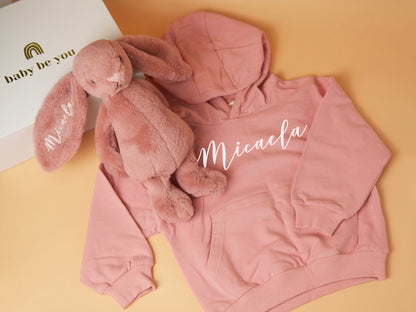 Personalised Kids Hoodie Snuggle Buddy Gift Set in Rose