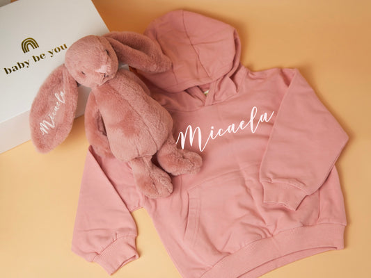Personalised Kids Hoodie Snuggle Buddy Gift Set in Rose
