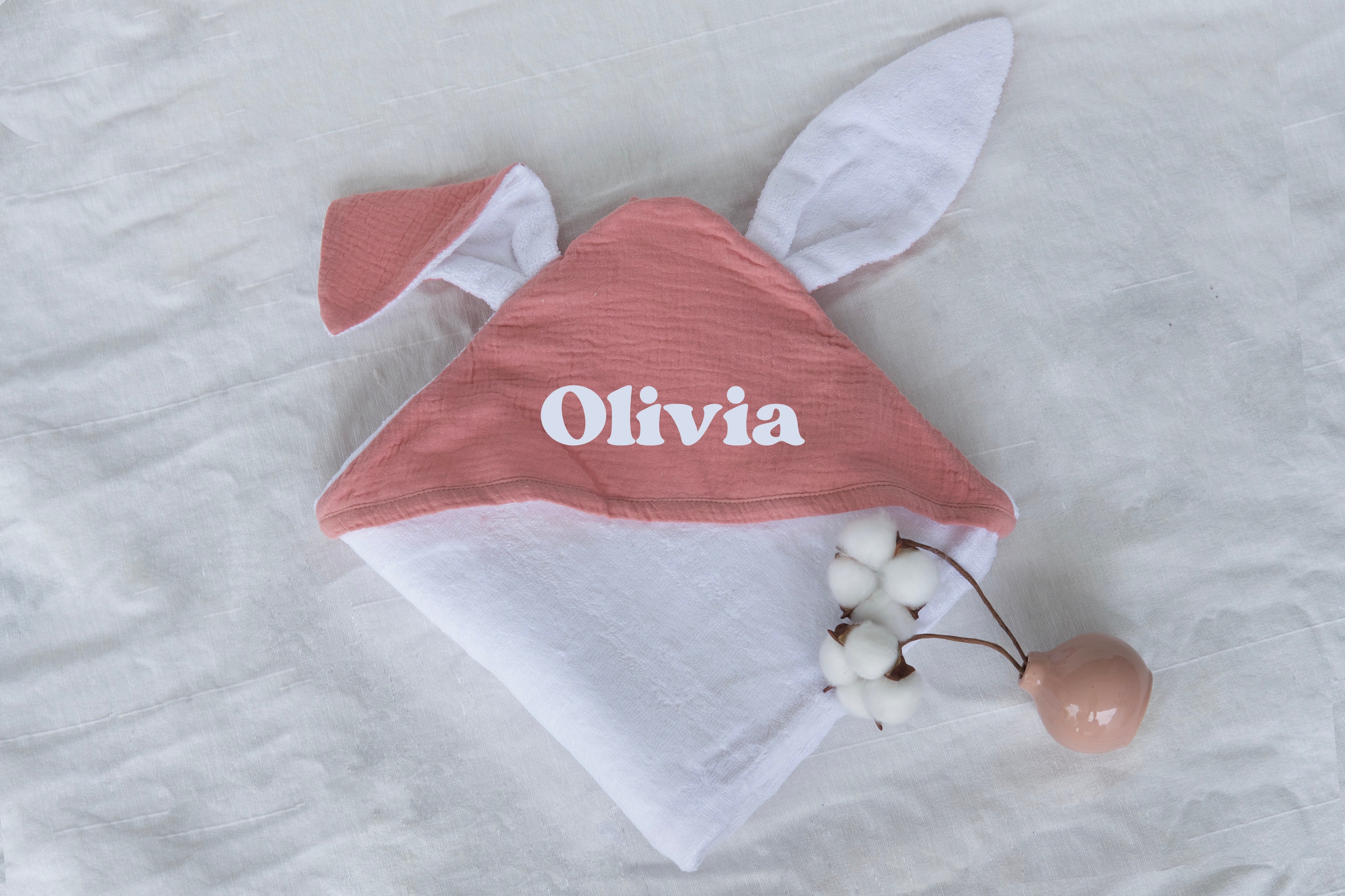 Personalised Organic Bunny Ear Hooded Towel in Rose