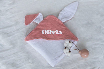 Personalised Organic Bunny Ear Hooded Towel in Rose