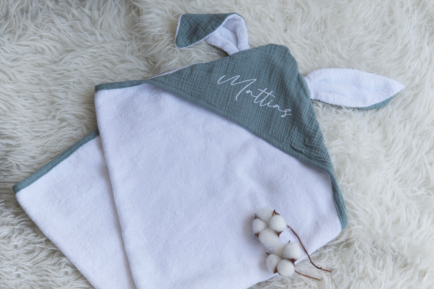 Personalised Organic Bunny Ear Hooded Towel in Sage