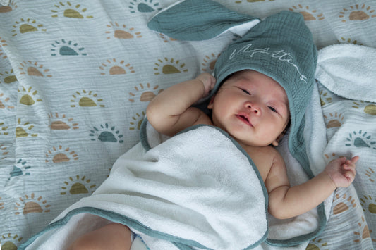 Personalised Organic Bunny Ear Hooded Towel in Sage